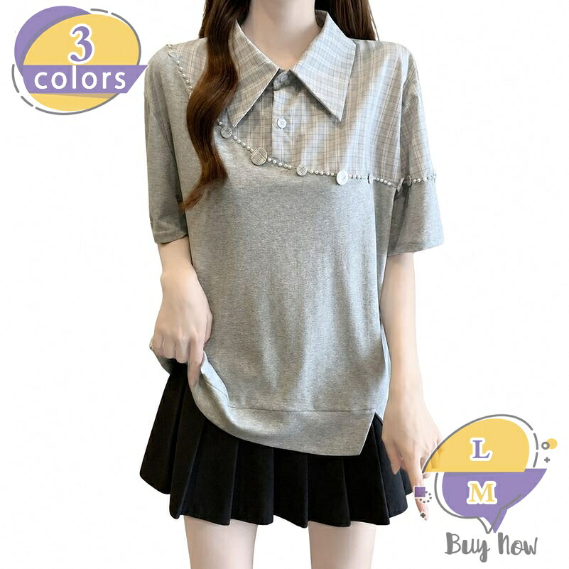 1000円OFFクーポン 着痩せ トップス レディース 異素材切り替え tシャツ 半袖 フェイクレイヤード シャツ重ね着風 チェック柄 襟付き プルオーバー ゆったり 大きいサイズ 細見え デイリー カジュアル shop-livesil｜ショップリブシル