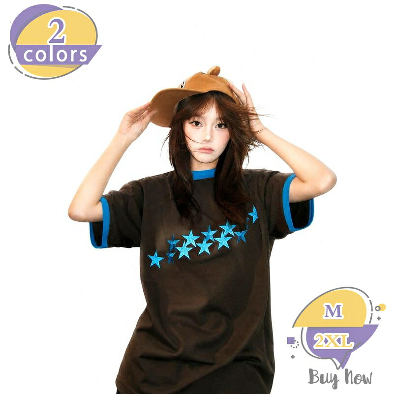 1000円OFFクーポン 半袖Tシャツ レディース 着痩せ見え ゆったり リンガーT 星 刺繍 クルーネック カットソー アメカジ ストリート系 オーバーサイズ 大きいサイズ トップス 体型カバー カジュアル 通学 shop-livesil|ショップリブシル
