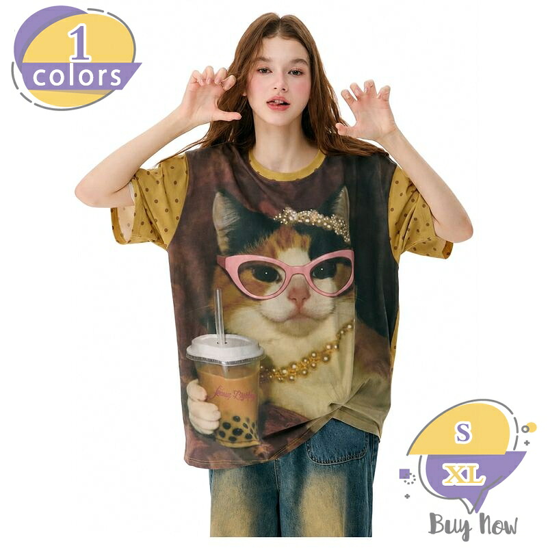 1000円OFFクーポン 半袖 Tシャツ レディース ゆったり ビッグTシャツ クルーネック ドロップショルダー キャット キャラクター プリント 猫柄 カジュアル トップス お出かけ オーバーサイズ 夏物 shop-livesil｜ショップリブシル