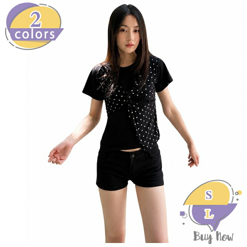 1000円OFFクーポン 着痩せ Tシャツ レディース 半袖 体型カバー ドッキング ビスチェ風 ドット柄 水玉 レトロ 丸首 トップス カジュアル フェミニン ゆったり レイヤード風 通学 デート お出かけ 大きいサイズ shop-livesil|ショップリブシル