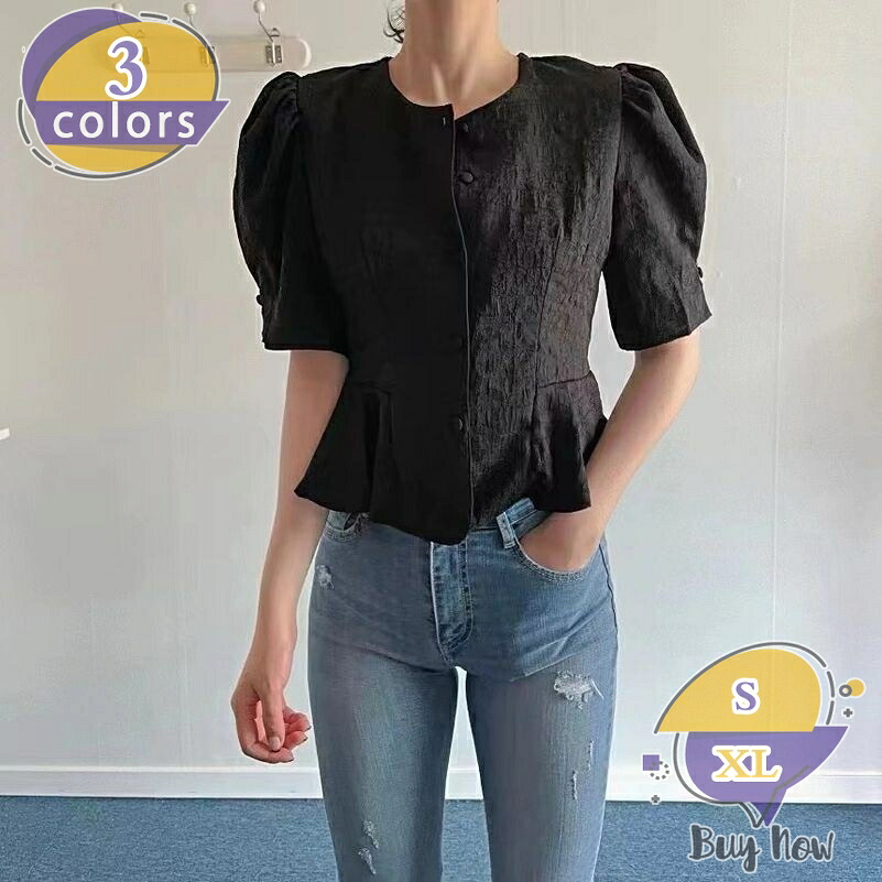 1000円OFFクーポン 半袖ブラウス レディース 着痩せ ペプラムトップス 半袖 クルーネック ぽわん袖 パフスリーブ シャツ ウエストマーク ウエストシェイプ フェミニン 大人可愛い カジュアル 通勤 オフィス お出かけ shop-livesil|ショップリブシル