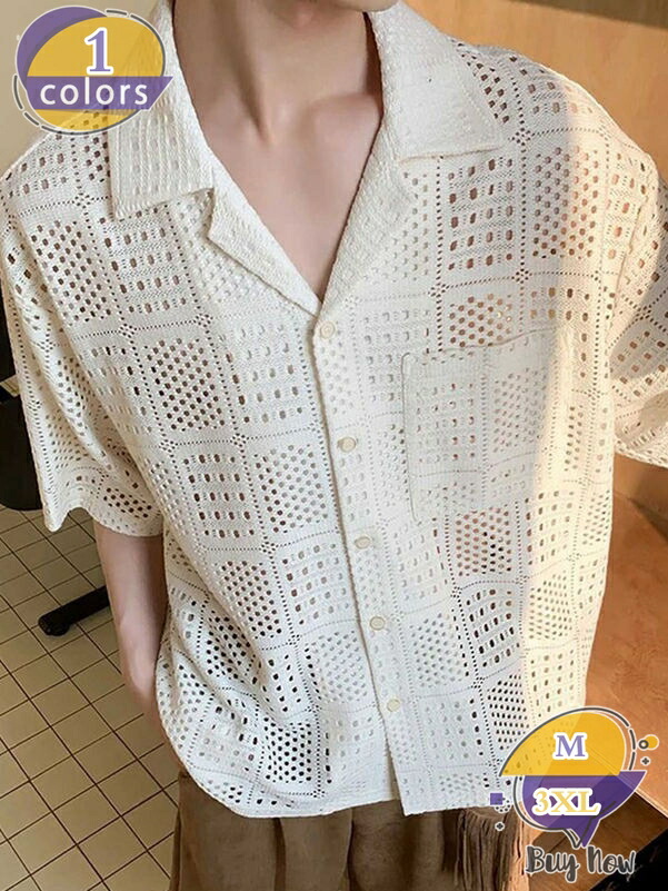 スピード競技プルオーバー メンズ 半袖 透かし編み プルオーバー ゆったり 夏服 鍵編み 明けっ広げ色合い 開襟 体型押しかぶせる ビンテージ風 無地 トップス 心地よい 砂浜 御休み お出かけ shop-livesil
