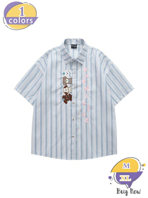 1000円OFFクーポン [ゆったりサイズ] ストライプシャツ 半袖 メンズ レディース 刺繍 かわいい 犬柄 古着風 ビッグシルエット カジュアルシャツ 夏物 羽織り 着痩せ shop-livesil｜ショップリブシル