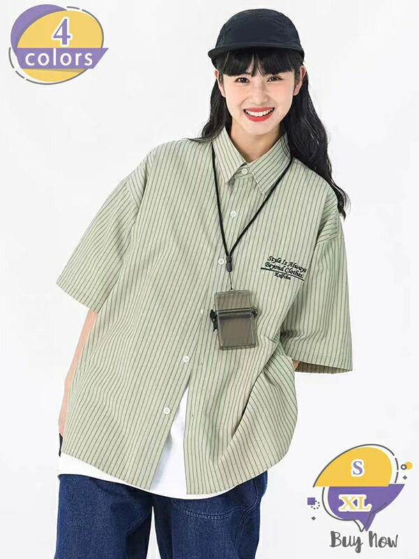 1000円OFFクーポン シャツ 半袖 ストライプ レディース メンズ ビッグシルエット ワークシャツ レトロ ヴィンテージ風 おしゃれ 胸刺繍 カジュアル 体型カバー ゆったりサイズ ユニセックス 男女兼用 shop-livesil｜ショップリブシル