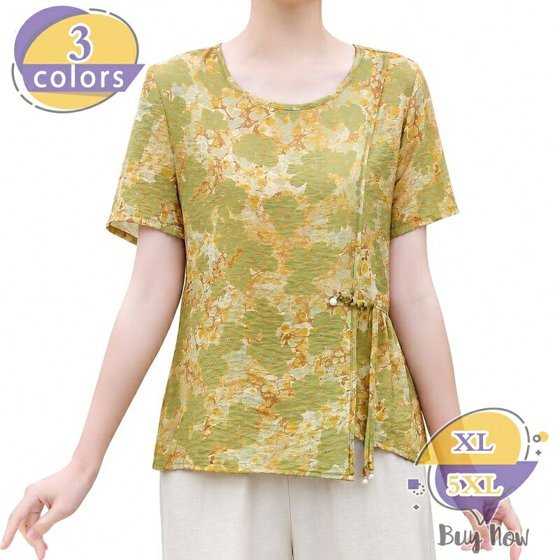 1000円OFFクーポン シニア レディース 半袖 tシャツ 体型カバー ゆったり チャイナ風 トップス 50代 60代 70代 お母さん 母親 プレセント 花柄 民族風 レトロ アジアン ブラウス エスニック 大きいサイズ shop-livesil｜ショップリブシル