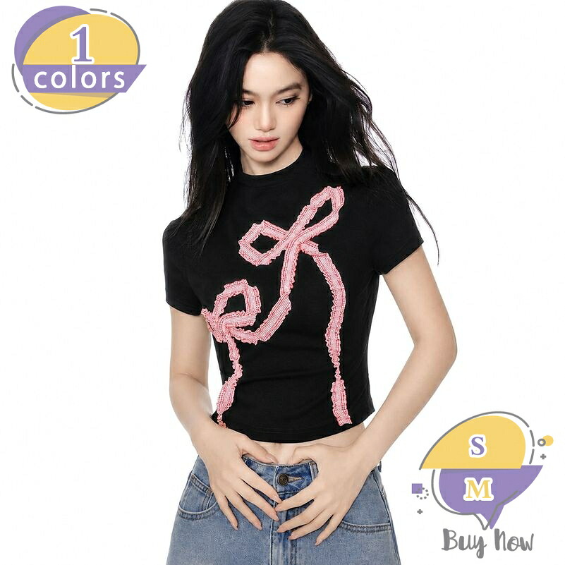 500円OFFクーポン Tシャツ レディース 半袖 カットソー リボン付き モックネック スリム 着痩せ トップス ショート丈 クルーネック 春 夏 カジュアル 韓国風 おしゃれ 可愛い デイリー おおきいサイズ shop-livesil｜ショップリブシル