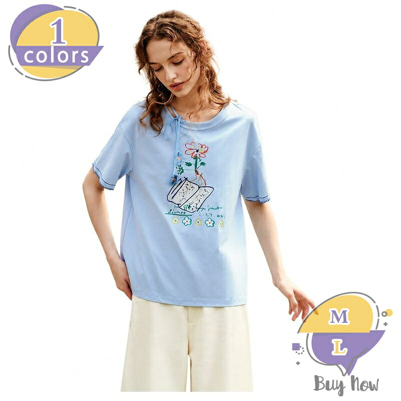 2000円OFFクーポン 半袖 tシャツ レディース 着痩せ ゆったり ゆるtシャツ 丸首 キーネック リボン付き クロシェ 花飾り 可愛い イラスト プリント チュニック カジュアル 大きいサイズ 春 夏 shop-livesil|ショップリブシル