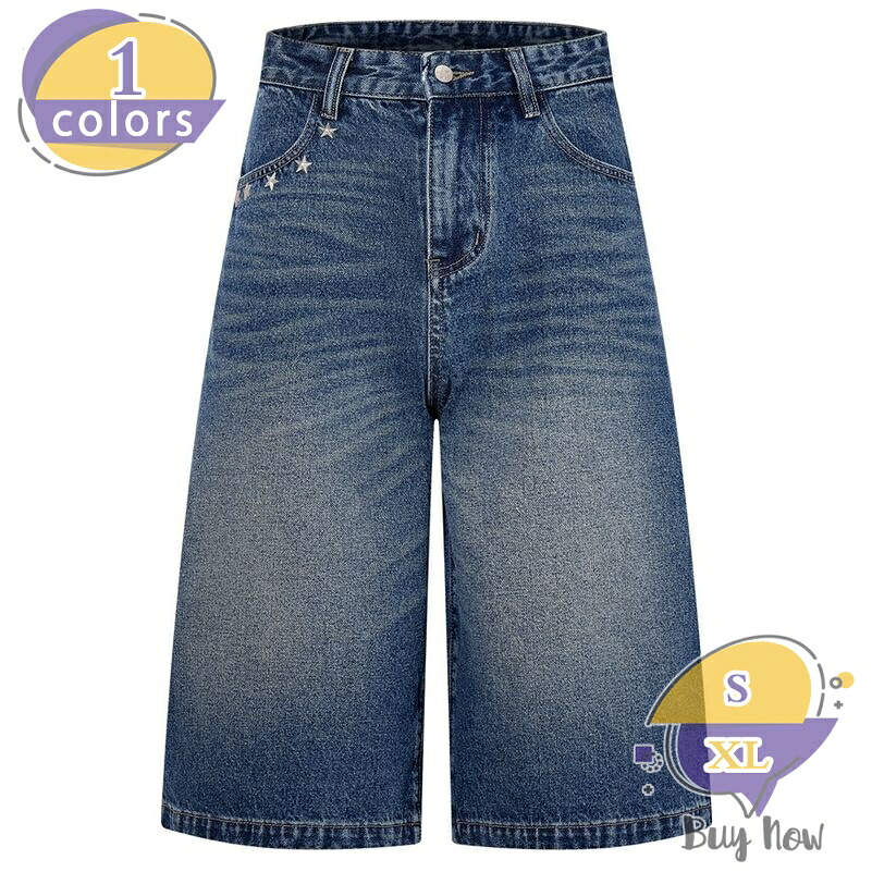 デニムショートパンツ メンズ ハーフパンツ ゆったり 体型カバー ストリート系 星柄 ズ 夏 短パン ワイド 5分丈 ヴィンテージ風 カジュアル おしゃれ 大きいサイズ shop-livesil｜ショップリブシル