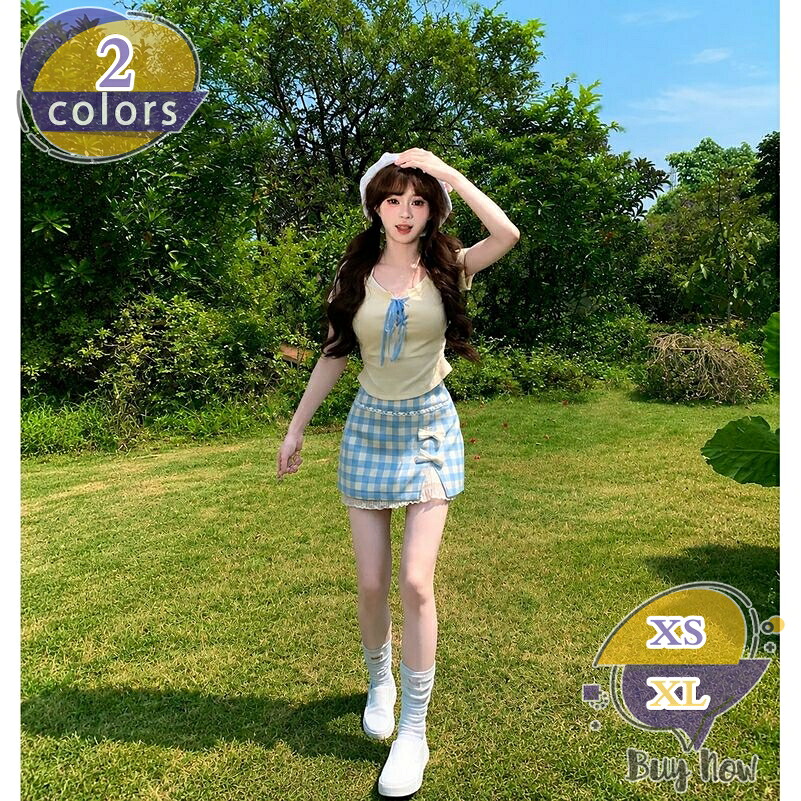 1000円OFFクーポン レディース セットアップ 夏 半袖 体型カバー チェック柄 ミニスカート 上下セット ガーリー 甘め リボン レース 2点セット 韓国風 カジュアル お出かけ デート 旅行 可愛い ゆったりサイズ shop-livesil｜ショップリブシル