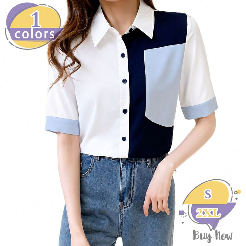 半袖 シャツ レディース 配色 デザイン ブラウス 通勤服 きれいめ 春夏 トップス 体型カバー ゆったり オシャレ お出かけ デイリー shop-livesil|ショップリブシル