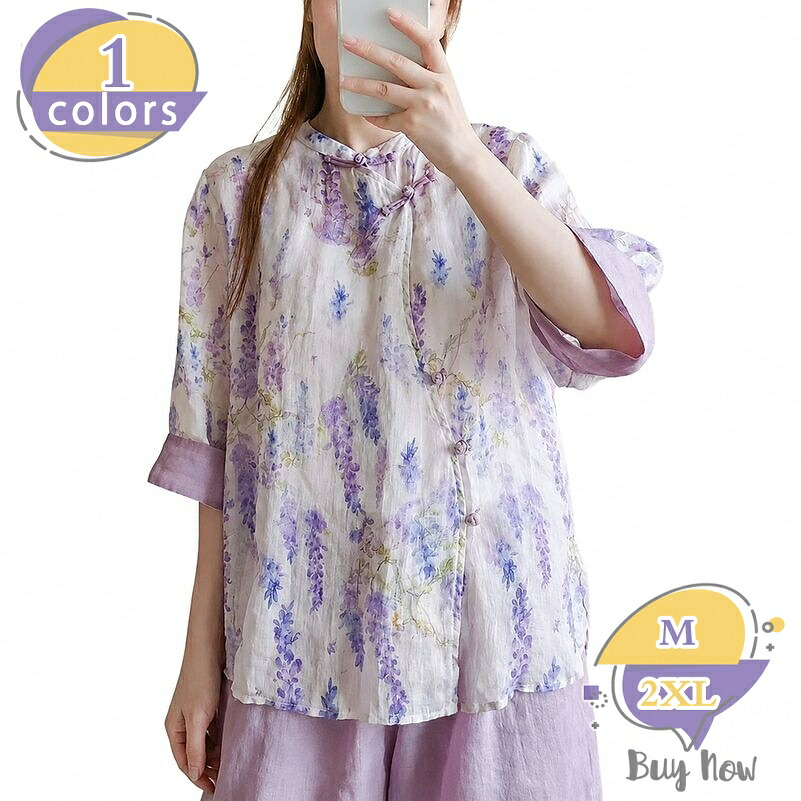 七分袖ブラウス チャイナ風 レディース ゆったり 立ち襟 プルオーバー シャツ 和柄 花柄 エスニック 薄手 シアー感 トップス 体型カバー カジュアル 大きいサイズ shop-livesil|ショップリブシル