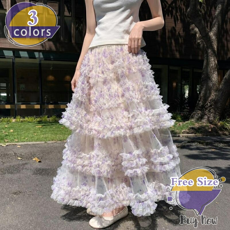 ティアードスカート 着痩せ チュール ロングスカート フリル レディース 花柄 総柄 薄手 透け感 シフォン風 ボリューム ウエストゴム ゆったり カジュアル フェミニン デート 通学 shop-livesil｜ショップリブシル