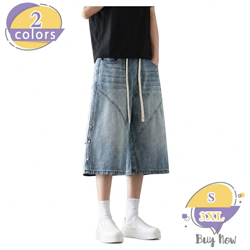 デニム ショートパンツ メンズ 五分丈 パンツ ゆったり ワイド ウエストゴム 紐付き カジュアル 大きいサイズ shop-livesil|ショップリブシル