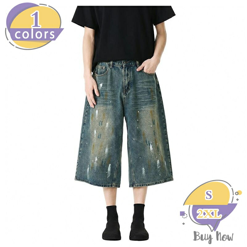 ワイド デニムパンツ 七分丈 メンズ 体型カバー ズ ジーパン ペイント加工 ハーフパンツ クロップド丈 ゆったりサイズ ストリート カジュアル 夏服 shop-livesil｜ショップリブシル