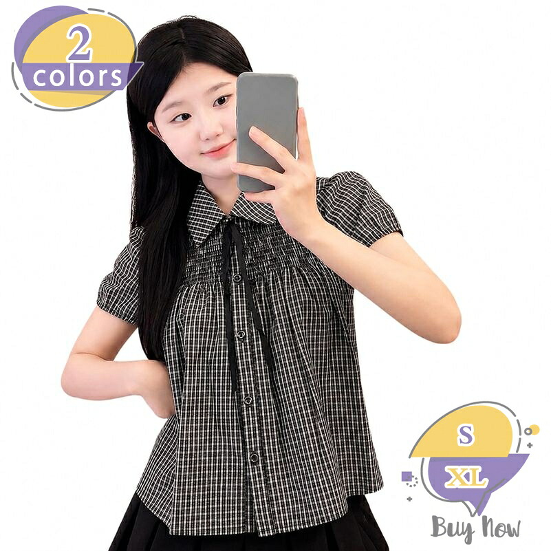 シャツ レディース 半袖 チェック柄 襟付きブラウス 夏服 ゆったり 体系カバー トップス おしゃれ 可愛い パフスリーブ フェミニン ガーリー ナチュラル 20代 30代 40代 通勤 事務 shop-livesil｜ショップリブシル