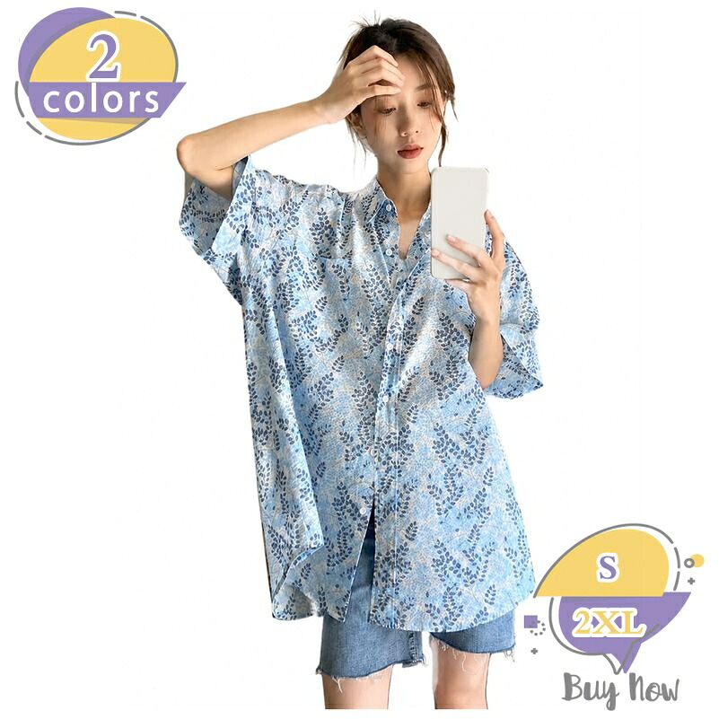シャツ レディース 半袖 ゆったり 体型カバー ブラウス 花柄 総柄 プリント 襟付き トップス 春 夏 カジュアル レトロ ヴィンテージ風 おしゃれ きれいめ 20代 30代 40代 shop-livesil｜ショップリブシル
