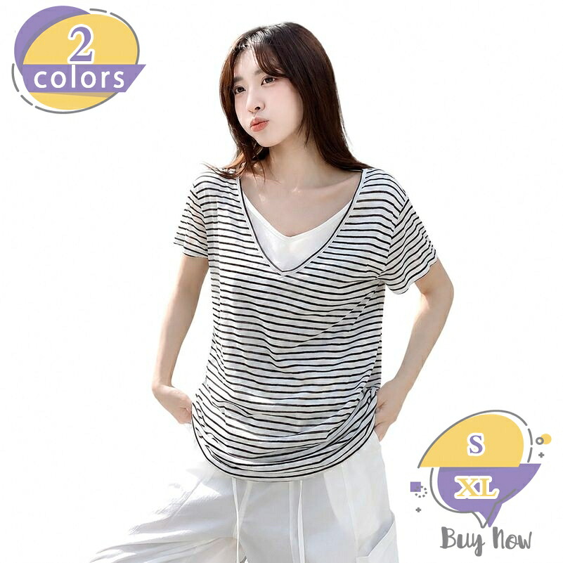重ね着風 Tシャツ レディース 半袖 ボーダー柄 Uネック ゆったり カットソー 薄手 レイヤード風 トップス 体型カバー カジュアル 普段着 通学 大きいサイズ 旅行 shop-livesil｜ショップリブシル
