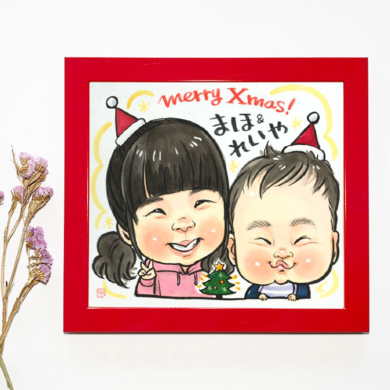 似顔絵ギフト 似顔絵 クリスマス クリスマスプレゼント サンタ帽 クリスマスツリー プレゼント 上羽京 Mサイズ 1人～4人タイプ【送料無料】1人用 似顔絵ギフト 額付き 誕生日 額 祝い 依頼 ギフト オーダー 依頼 ギフト オーダー 写真から制作