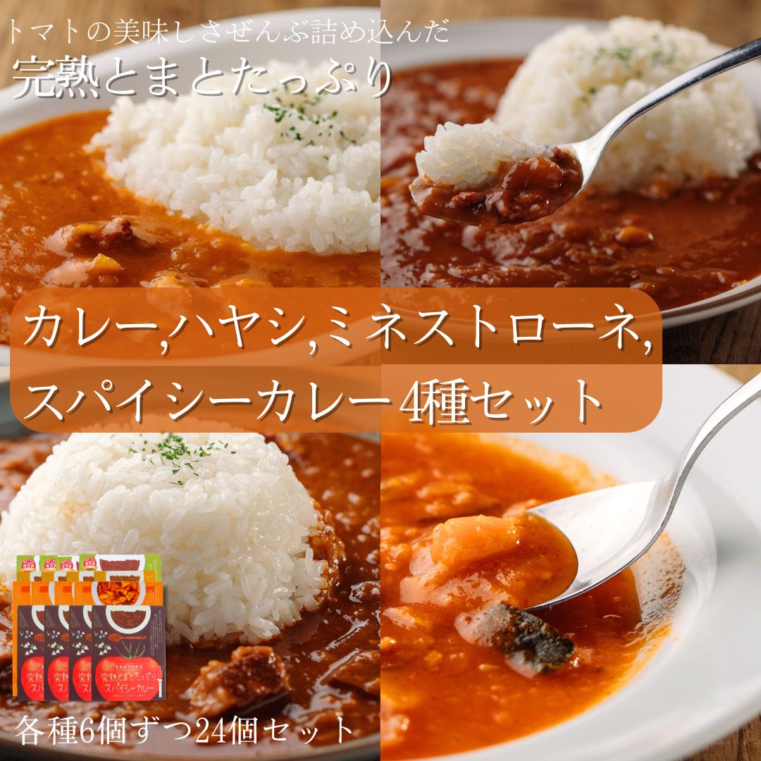 日南トマト加工株式会社 完熟とまとたっぷり カレー、ミネストローネ、スパイシーカレー、ハヤシ各種6個ずつ24個セット｜ショップまるごととまと店