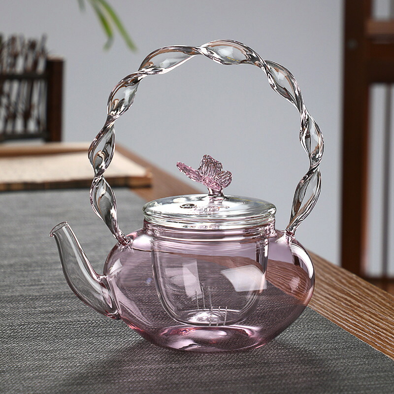 ティーポット 大容量 おしゃれ 茶こし付き 700ml 手作り 耐熱ガラス 茶こし付き ジャンピング 紅茶ポット フルーツ リーフ 花茶 工芸茶 ハーフ 直火可 大容量美しい女の子のハート蝶ピンクのガラス絶妙な エレガント