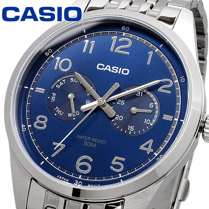 CASIO 腕時計 カシオ 時計 ウォッチ チープカシオ チプカシ マルチカレンダー 7連ベルト シンプル メンズ シルバー×ブルー 海外モデル MTP-E340D-2AV [並行輸入品]