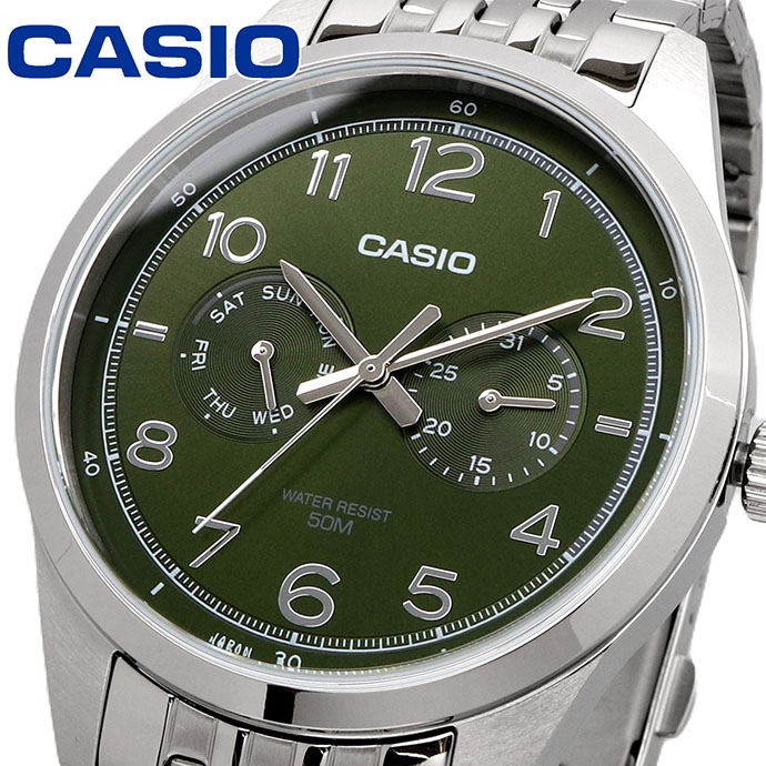 CASIO 腕時計 カシオ 時計 ウォッチ チープカシオ チプカシ マルチカレンダー 7連ベルト シンプル メンズ シルバー×オリーブグリーン 海外モデル MTP-E340D-3AV [並行輸入品]