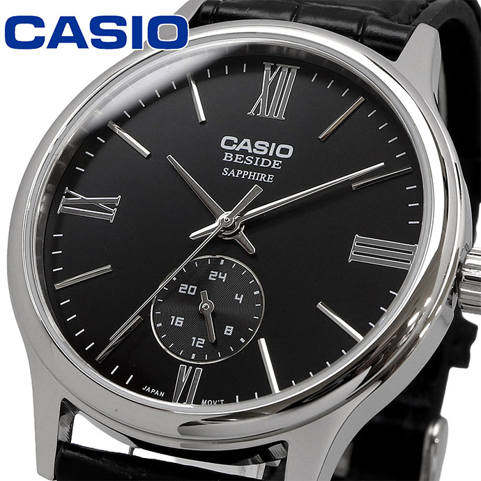 CASIO カシオ BESIDE クオーツ メンズ 腕時計 サファイアガラス BMS-100L-1AV ブラックレザーバンド 24時間表示 ブラック 海外モデル [並行輸入品]