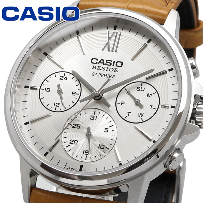 CASIO カシオ BESIDE 石英 メンズ ウオッチ サファイア瑠璃 BMS-300L-5AV キャメルカラーレザーバンド 多軸 24第四次元見せびらかす しろがね色 外国で模範例 [並行輸入品]