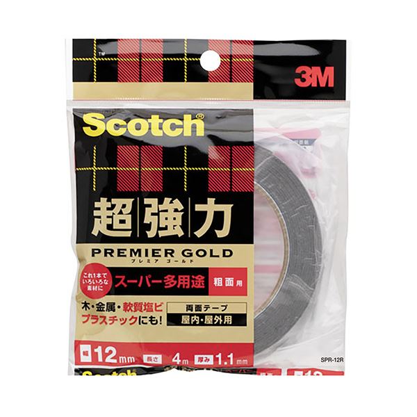 (まとめ）3M スコッチ 超強力両面テーププレミアゴールド （スーパー多用途） 粗面用 12mm×4m SPR-12R 1巻【×10セット】