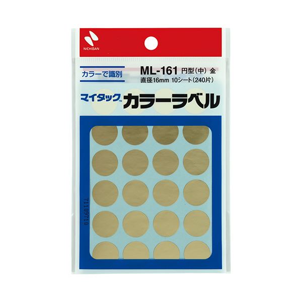 （まとめ）ニチバン マイタック カラーラベル 円型 直径16mm 金 ML-1619 1セット(2400片：240片×10パック)【×3セット】