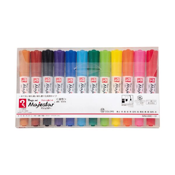 （まとめ）寺西化学 油性マーカー マジックインキマジェスター 太字+細字 12色(各色1本) MMJ50C-12 1パック【×3セット】