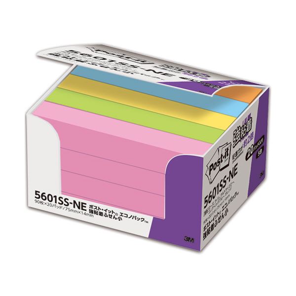 (まとめ) 3M ポスト・イット 強粘着エコノパック ふせん 小 75×14mm ネオンカラー 5色混色 5601SS-NE 1パック(20冊)