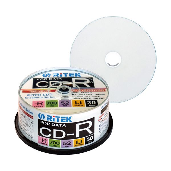 (まとめ) RITEK データ用CD-R 700MB1-52倍速 ホワイトワイドプリンタブル スピンドルケース CD-R700EXWP.30RT C1パック(30枚) 【×10セット】