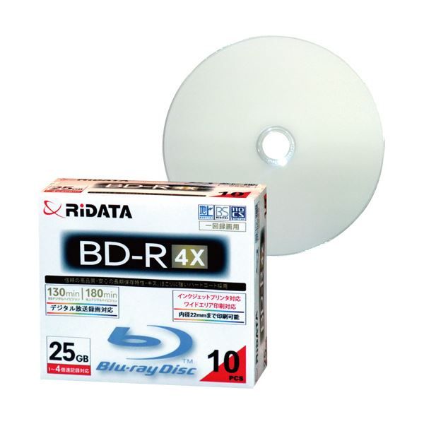 (まとめ) RiDATA 録画用BD-R 130分1-4倍速 ホワイトワイドプリンタブル 5mmスリムケース BD-R130PW 4X.10P SC C1パック(10枚)