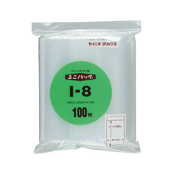 (まとめ) セイニチ ユニパック チャック付ポリエチレン ヨコ200×タテ280×厚み0.08mm I-8 1パック（100枚） 【×10セット】