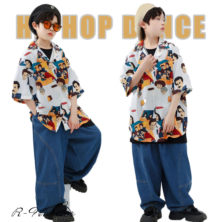 キッズ ダンス 衣装 セットアップ 花柄シャツ デニムパンツ ヒップホップ 半袖 シャツ ロングパンツ かっこいい 女の子 男の子 Hiphop ジャズダンス 子供 ステージ衣装 韓国 ジュニア 応援団 イベント 発表会 文化祭 演出服110 180cm 人気no 1 本体