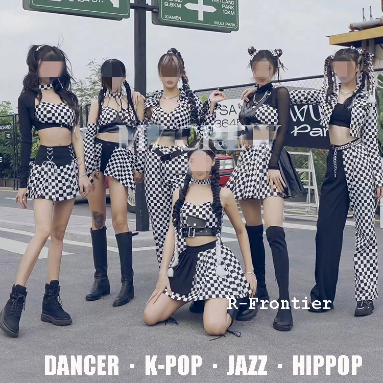 韓国 ジャズ ダンス衣装 レディース チェック柄 k-pop 衣装 レディース アイドル 衣装 黒 白 韓国 ダンス 衣装 練習着 ジャズダンス 衣装 k-pop 衣装 レディース ダンス衣装 セットアップ 大人 チェック柄 ヒップポップ k-pop 衣装 へそ出し トップス スカート ジャケット｜R-FRONTIER