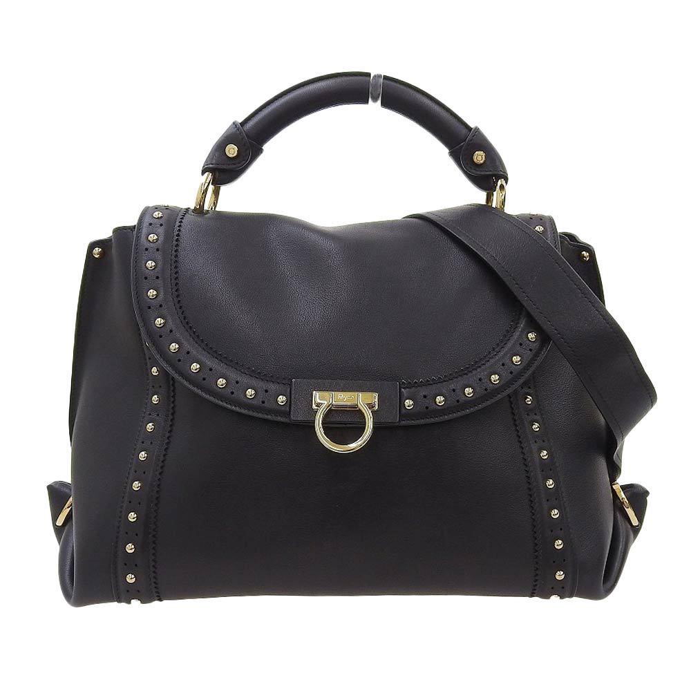 【8/1 P2倍】【本物保証】 美品 サルヴァトーレ フェラガモ Salvatore Ferragamo ガンチーニ 2WAYバッグ スタッズ レザー 黒 ブラック 【中古】|高島屋質店【創業73年老舗質屋】