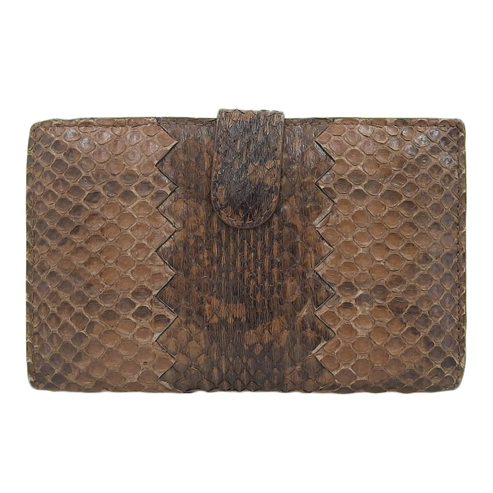 【本物保証】 希少 レア ボッテガヴェネタ BOTTEGA VENETA ホック付折り財布 パイソン ブラウン 【中古】