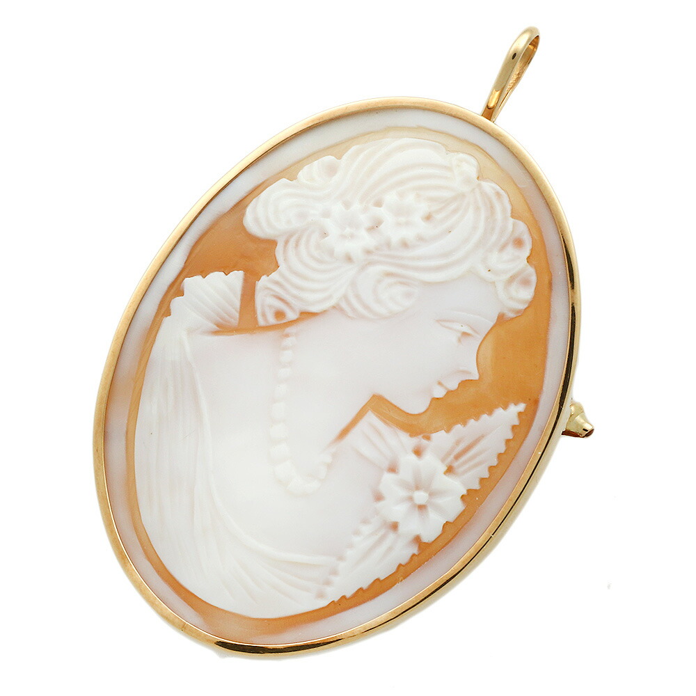 作家物シェルカメオ18金ブローチ、ペンダント K18 イエローゴールド シェル カメオ ブローチ ペンダントトップ