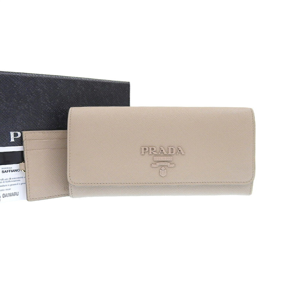 【本物保証】 箱・保付 プラダ PRADA ホック付長財布 1MH132 ロゴ 財布 サフィアーノレザー ベージュ 【中古】