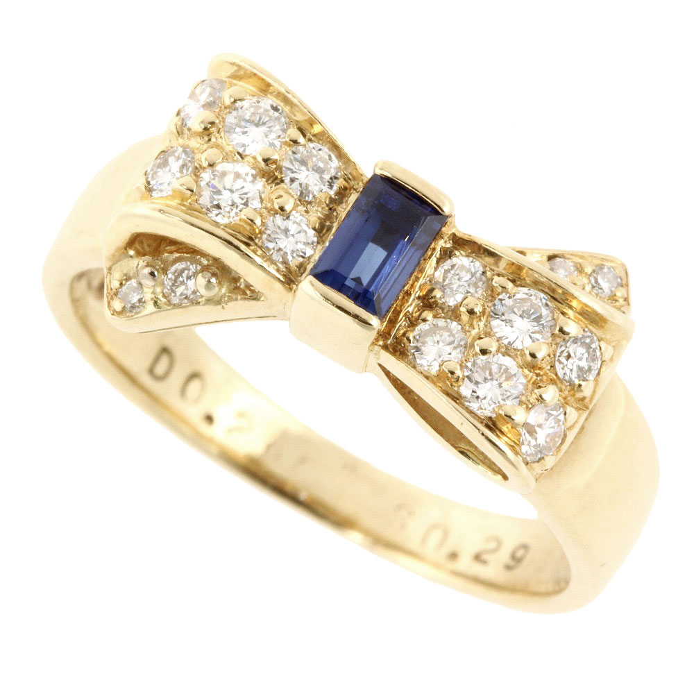 【8/1 P2倍】【本物保証】 超美品 リボン リング 指輪 K18YG サファイア0.29ct メレダイヤ0.28ct かわいい おしゃれ オシャレ ノーブランド No brand 【中古】
