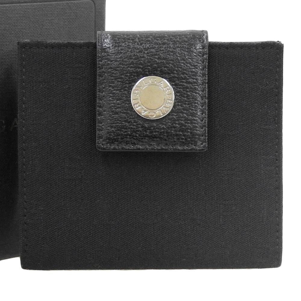 【本物保証】 箱付 超美品 ブルガリ BVLGARI ロゴマニア コンパクトウォレット ホック付折り財布 キャンバス×レザー ブラック 【中古】