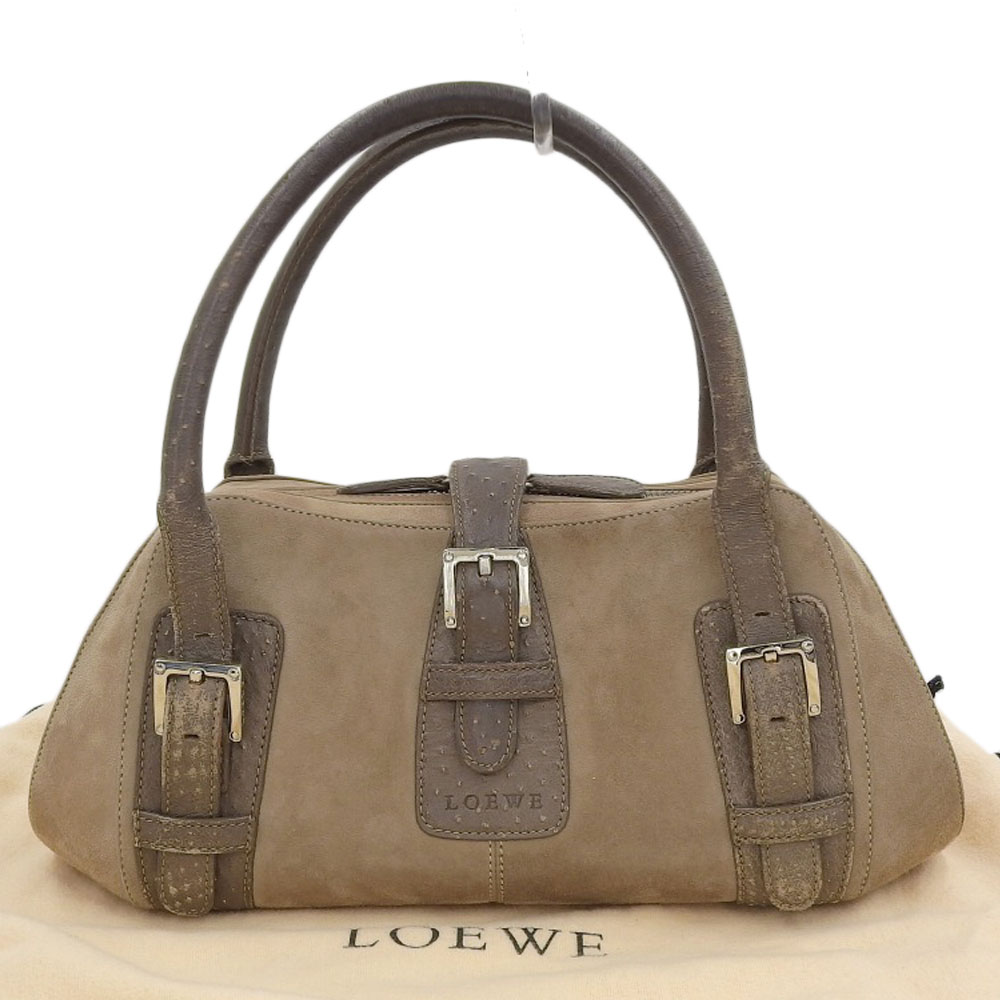 【本物保証】 布袋付 ロエベ LOEWE センダ ハンドバッグ オーストリッチ スエード ブラウン ベージュ 【中古】