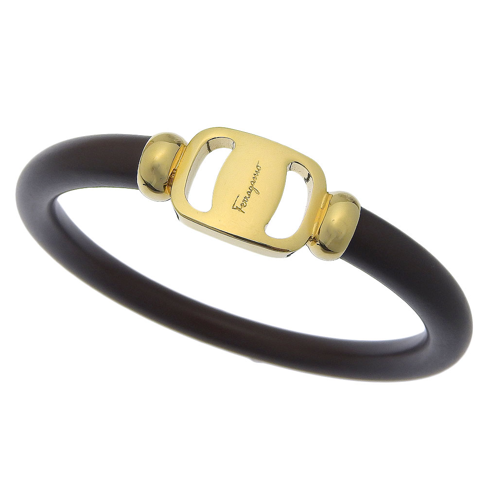 【本物保証】 箱・布袋付 超美品 サルヴァトーレ フェラガモ SALVATORE FERRAGAMO ヴァラ バングル GP レザー ブラウン ロゴ 【中古】