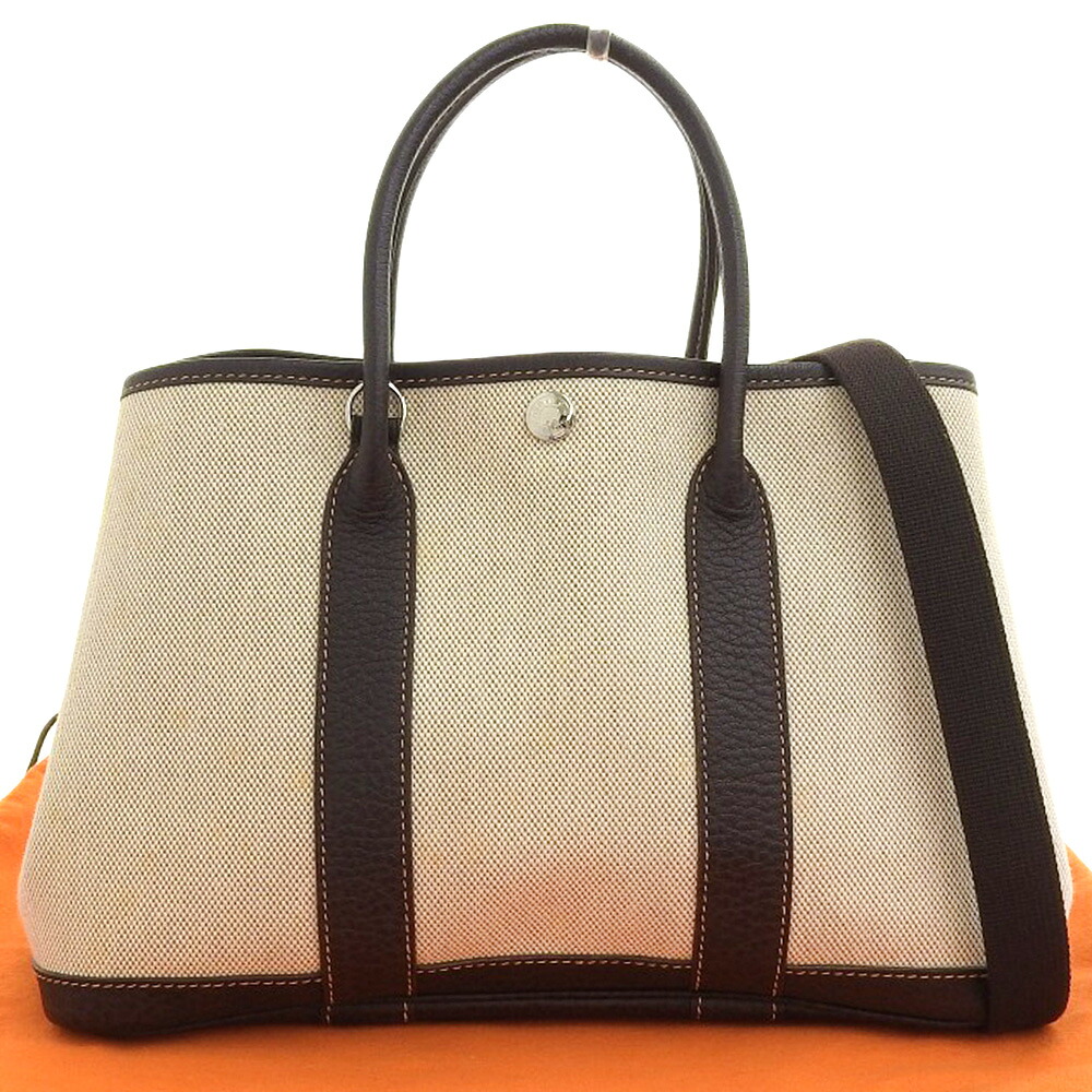 【本物保証】 布袋付 エルメス HERMES ガーデンパーティ30 TPM □H刻印 ハンド トートバッグ トワルオフィシエ/ブッフル マロン/ベージュ 【中古】
