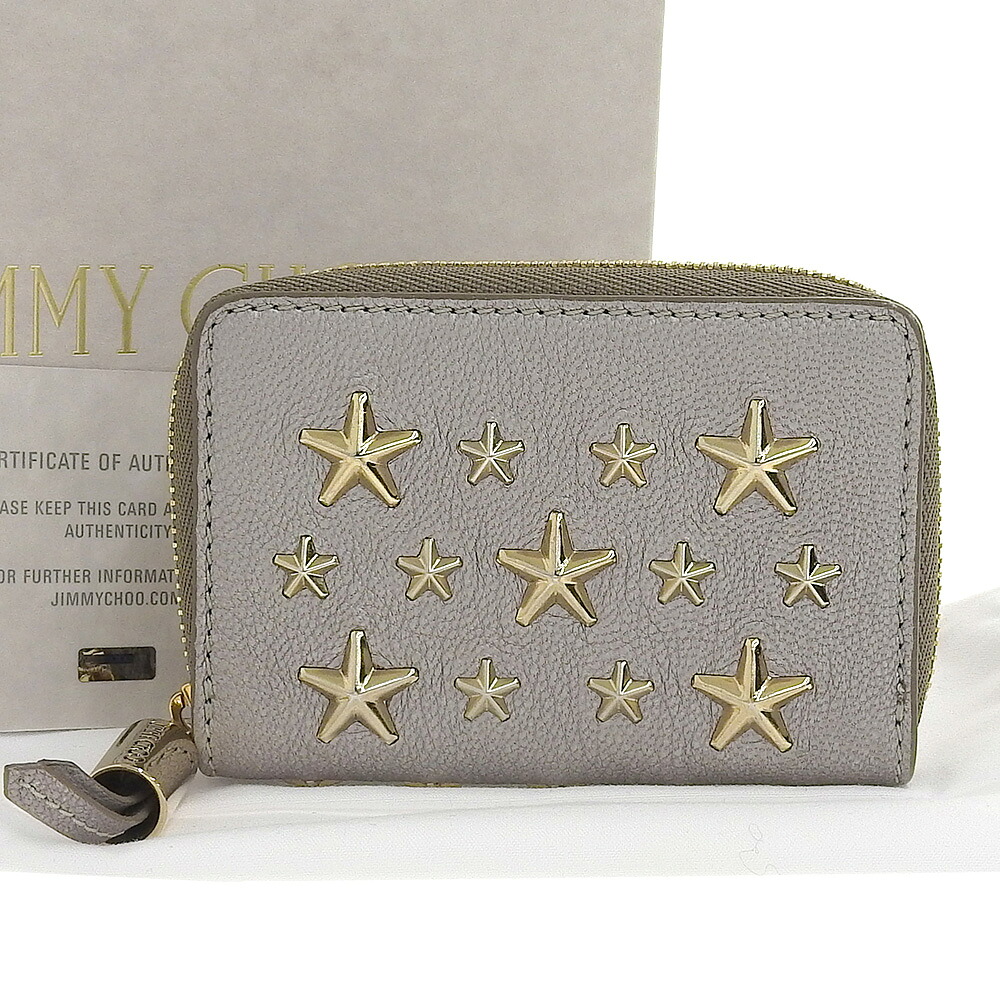 【本物保証】 箱・布袋・保付 新品同様 ジミーチュウ JIMMY CHOO 小銭入れ スタースタッズ コインケース レザー グレー 【中古】