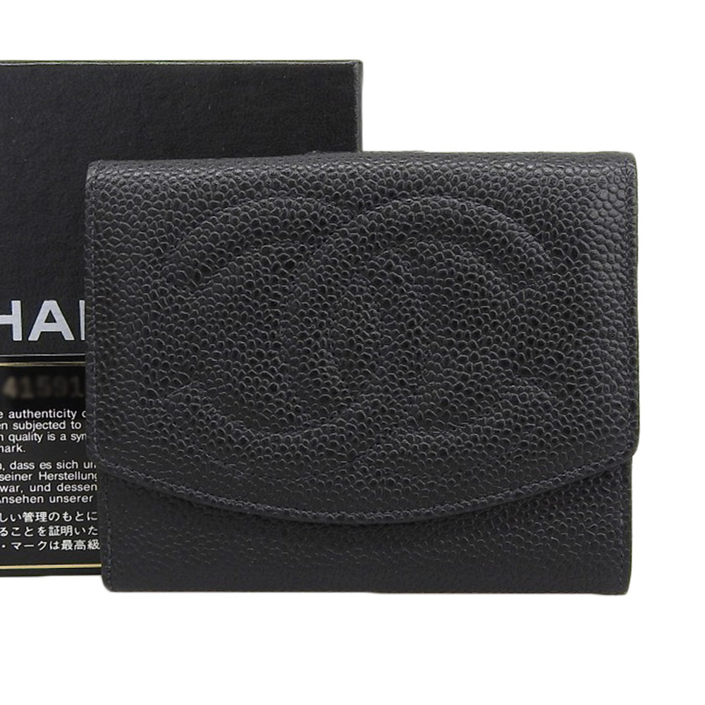 【本物保証】 希少 レア 箱・保付 シャネル CHANEL ココマーク コンパクト財布 シール付 4番台 Wホック折財布 キャビアスキン ブラック 【中古】