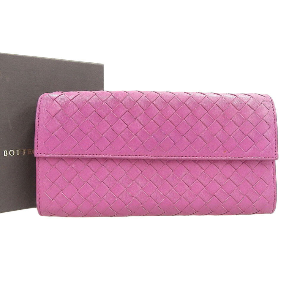 【本物保証】 箱付 ボッテガヴェネタ BOTTEGA VENETA イントレチャート ホック付長財布 革 レザー パープル 【中古】