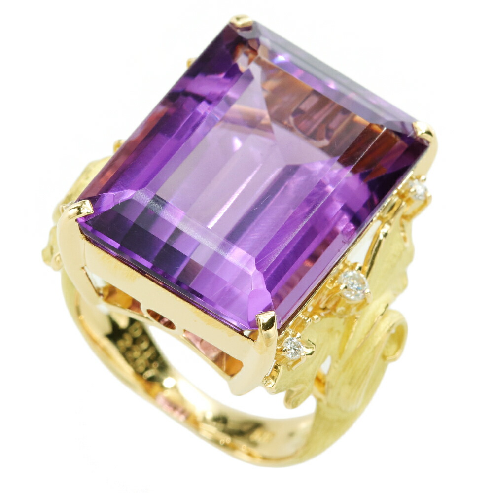【本物保証】 鑑付 新品同様 リング 指輪 16.2g K18YG アメジスト 22.67ct メレダイヤ 0.11ct 13号 紫水晶 大きい ノーブランド No brand 【中古】